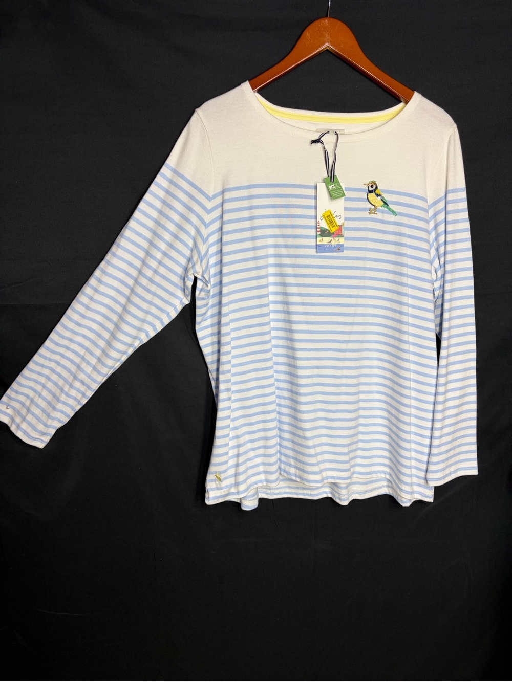 Joules Cream & Light Blue Striped Long-Sleeve Top with Bird Motif size 14